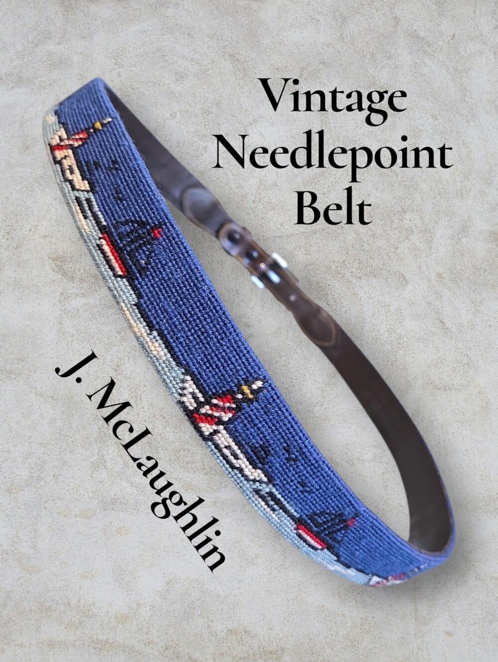 J.McLaughlin Vintage Coastal Nautical Needlepoint Leather Belt - Size 42 Blue